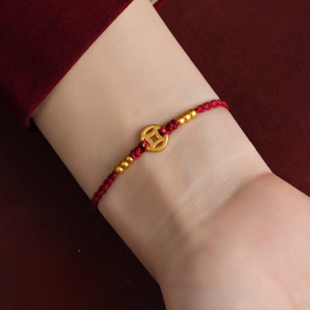 24k Solid 999 Gold Chinese Coin Red Rope Bracelet for Men and Women Blessing and Bring Wealth Braided Bracelet