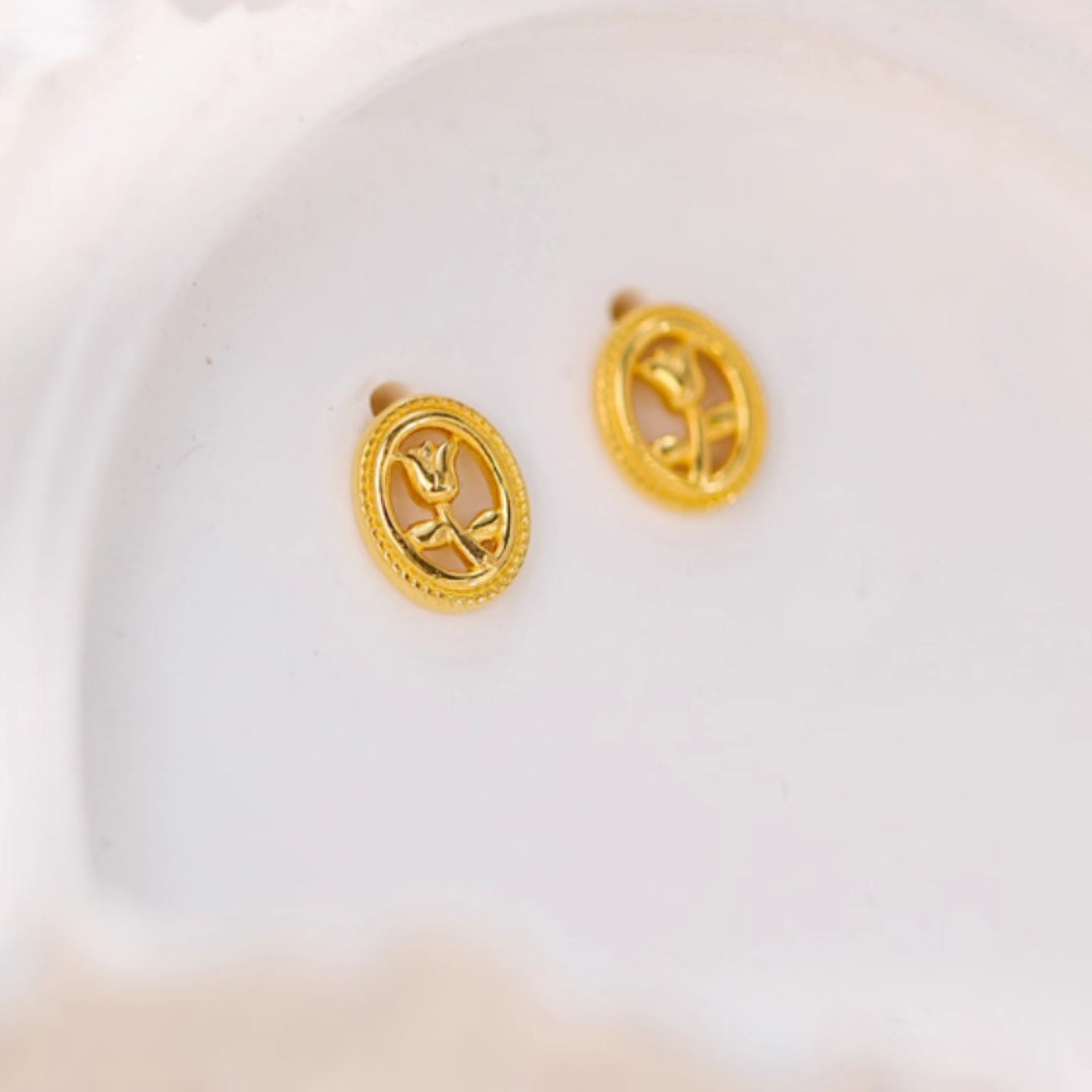 24K Real Gold 5G Pure gold Tulip Flower Oval Retro Stud Earrings