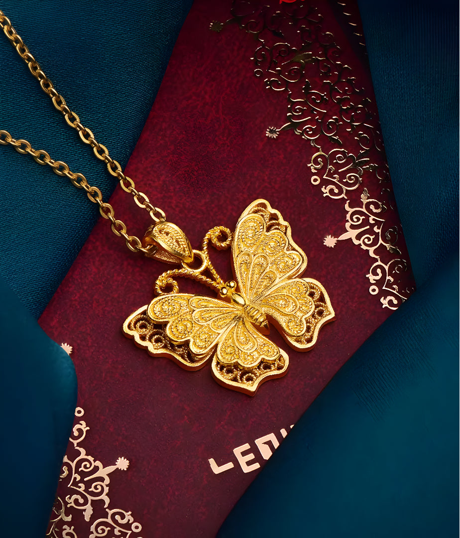 24K Gold 999 Pure Gold Filigree Butterfly Pendant - Gypsophila Co.