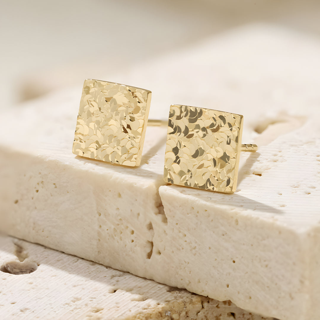 18K Gold Unique and Trendy Square Shattered Scale Stud Earrings