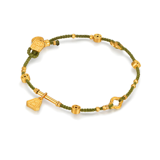 24K Real Gold beads Charms Blessing Bell Lucky Green Tea rope string Braided bracelet