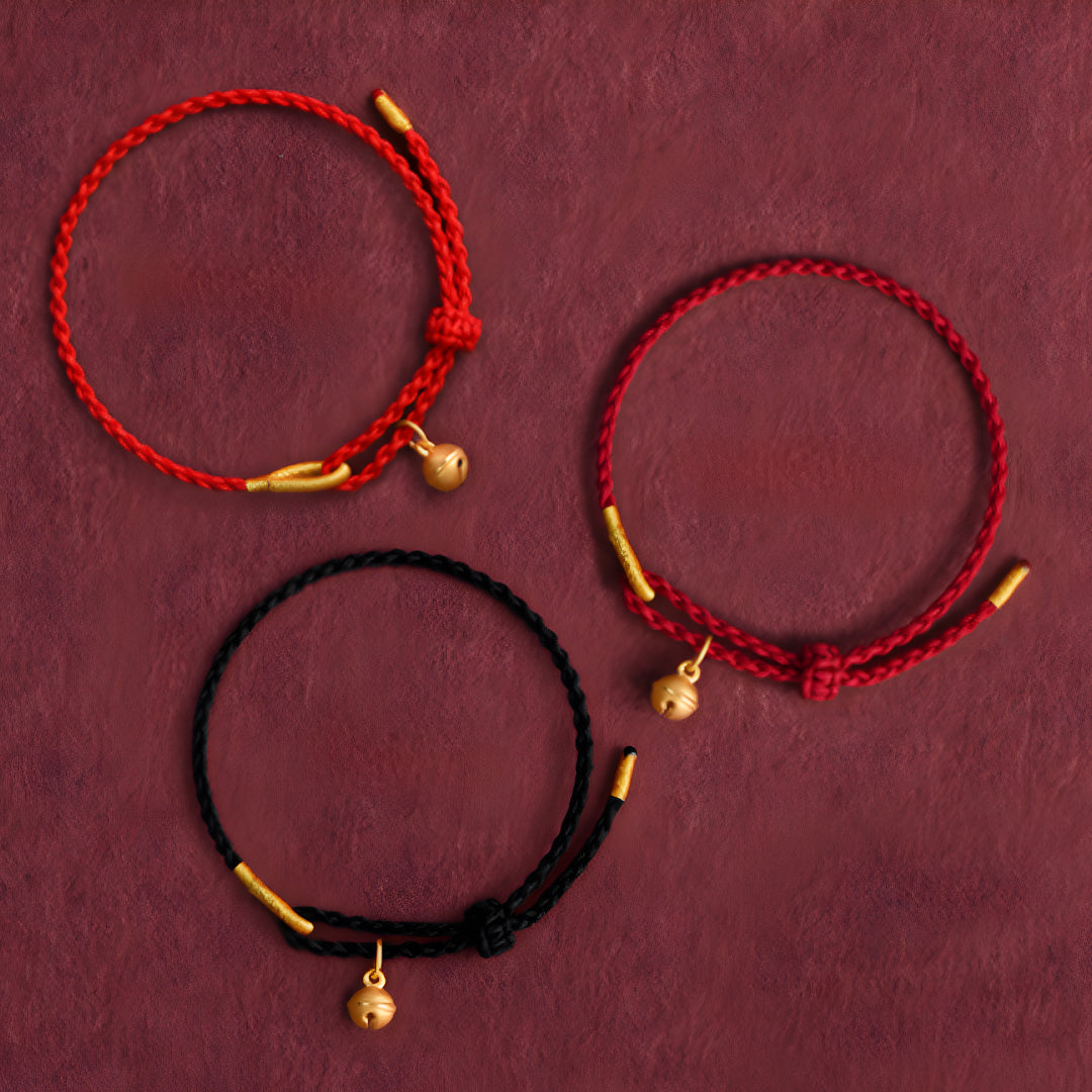 24k Pure Gold 999 Gold Beads Bell Red Rope Braided Bracelet Men and Women Couple Good Luck Bracelet