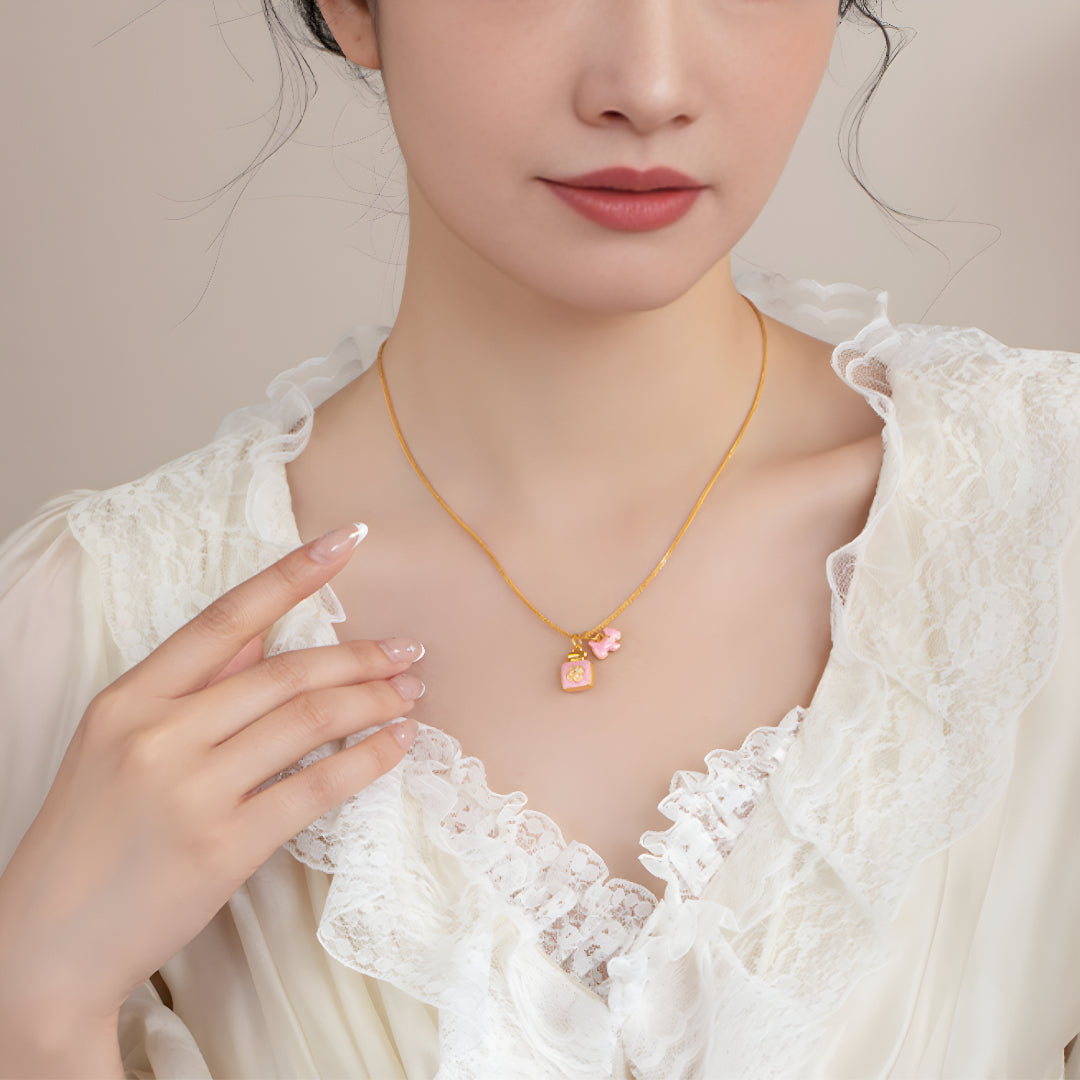 24K Pure Gold Pink Enamel 5D Hard Gold Dog Happy Face Bow and Perfume Bottle Charm D.I.Y Pendant - Gypsophila Co.