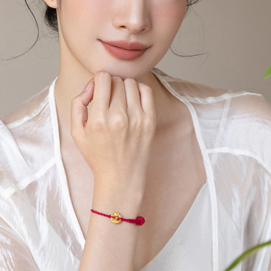 24K Treasure Gourd Solid Gold Pendant Red Rope Braided Bracelet Handmade Auspicious Words Pendant