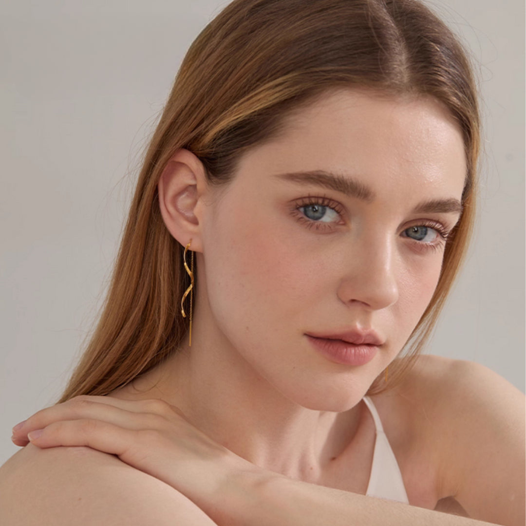 18K Real Gold Wave charm Dangle Threader Earrings