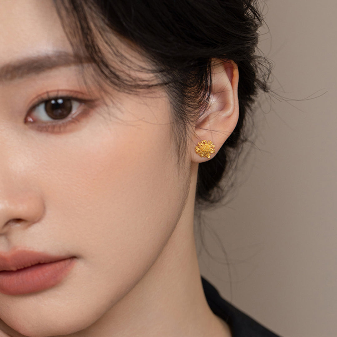 24K Real Gold Van Gogh Sunflower Stud Gold Earrings