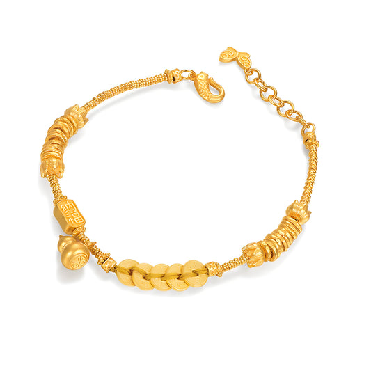 24K Real Gold Five Elements Blessing Coin Bring Wealth Gourd Gold Bracelet