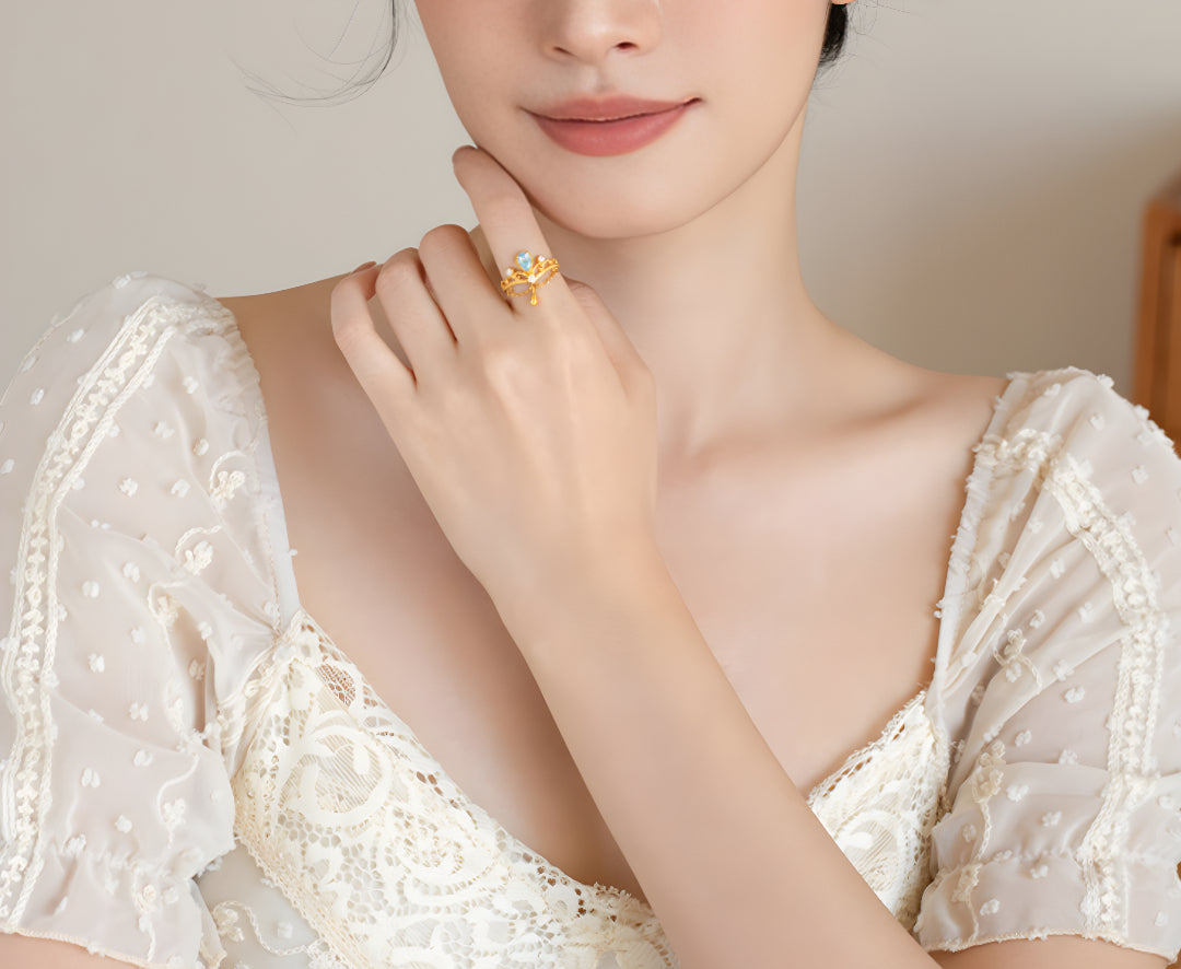 24K Blue Tears Pure Gold Ring Crown Water Drop Statement Ring - Gypsophila Co.