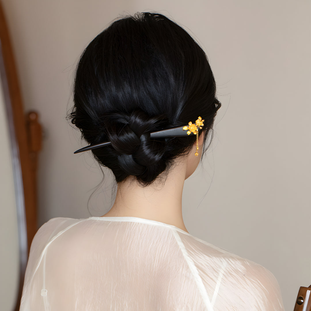 24k Gold Flower Tassel charm Ebony Hairpin Hair Bun Stick - Gypsophila Co.