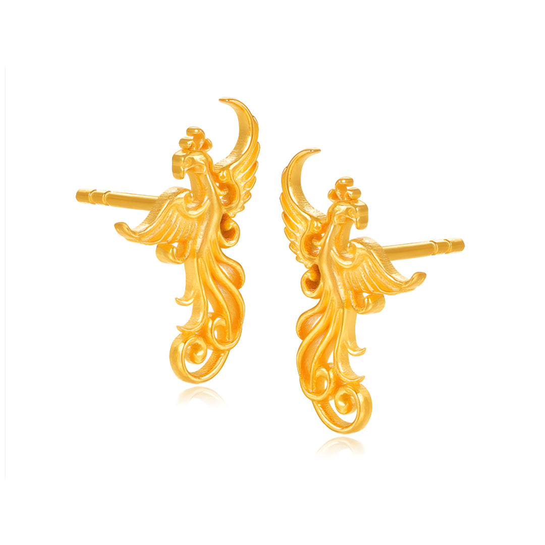 24K Pure Gold Flying Phoenix Wedding Bridal Stud Earrings