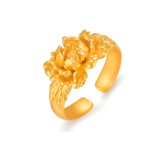 24K Real Gold Peony Flower Statement Stacking Ring