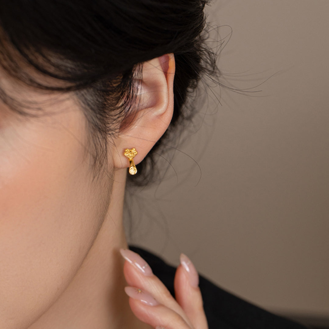 24K Real Gold 5G Gold Ruyi Blessing Good Luck Stud Earrings