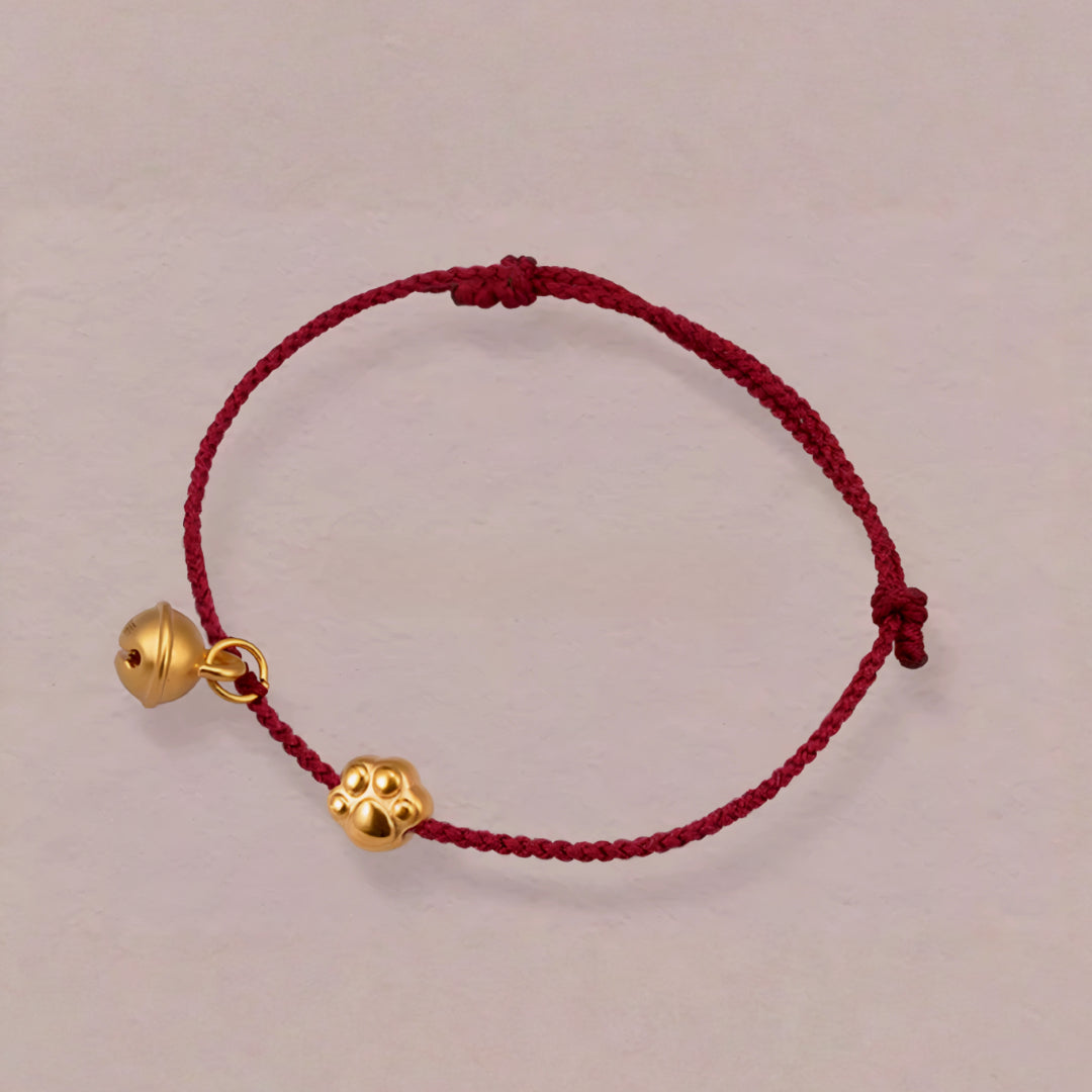 24k Pure 999 Gold Lucky Cute Cat's Paw and Beads with Red Rope Bracelet
