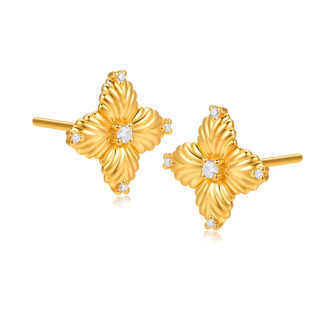 24K Real Gold 5D Gold Four-Leaf Flower Inlay Stud Earrings