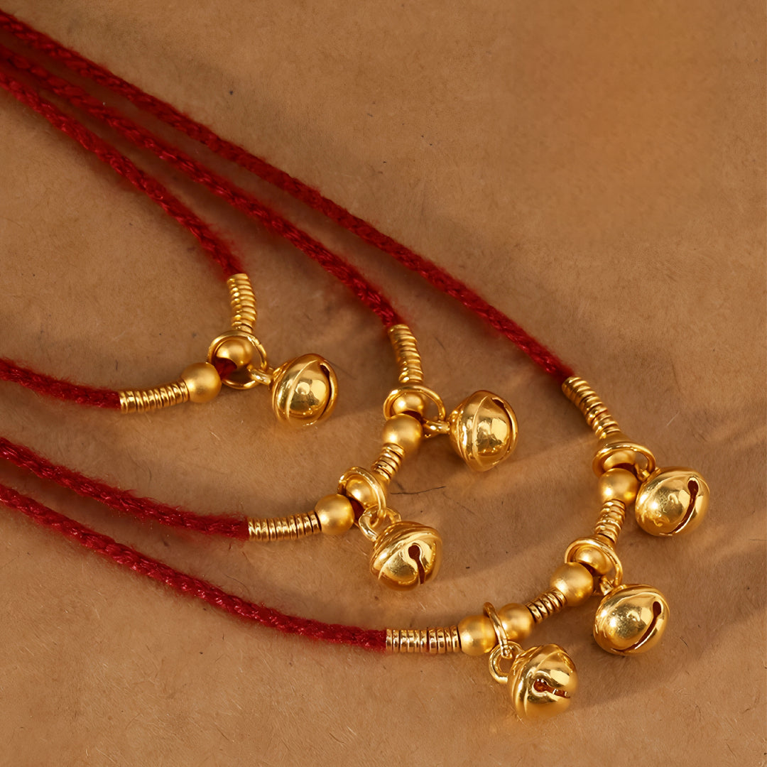 24k Solid 999 Gold Bell Charm Pendant with Red String Braided Rope Bracelet and Anklet Good Fortune