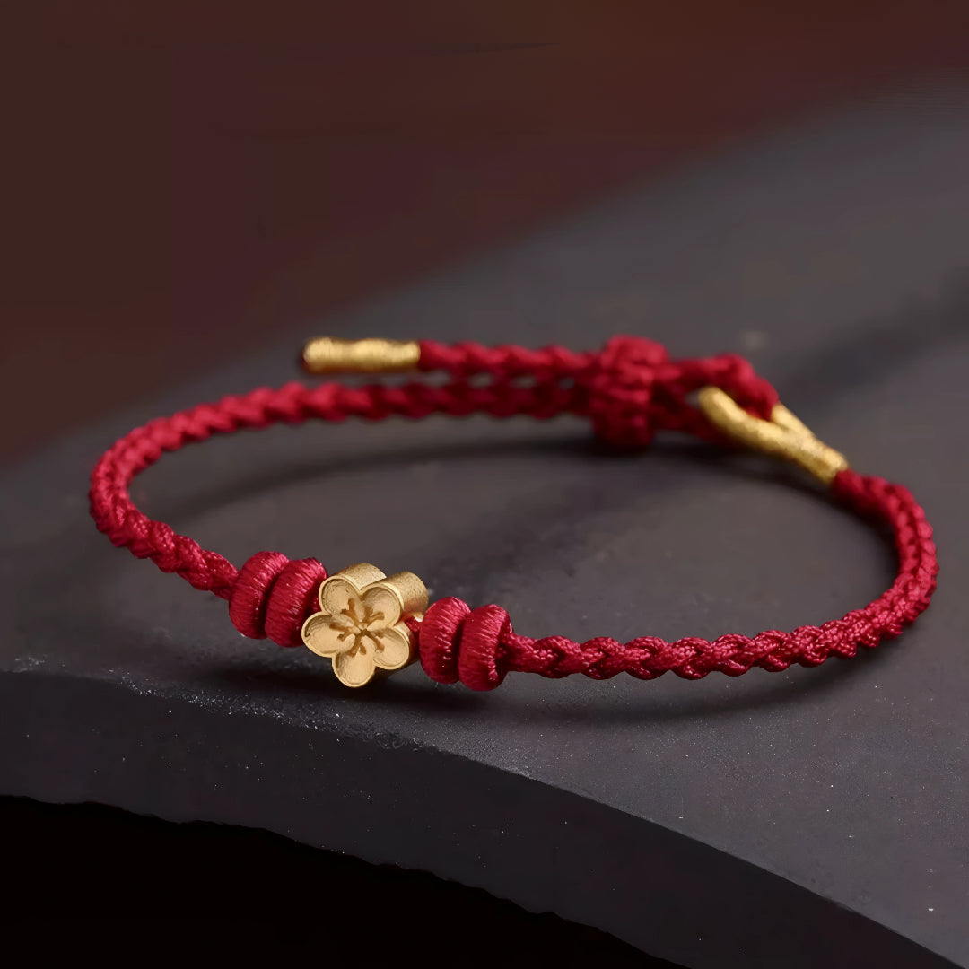 24k Solid 999 Gold Cherry Blossom Flower Red Rope Braided Bracelet