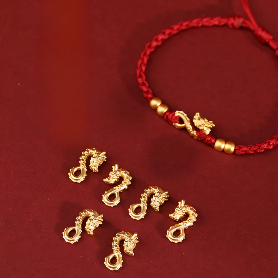 24k Solid 999 Gold Infinity Loop Dragon Pendant with Red String Braided Rope Bracelet and Anklet for Good Luck