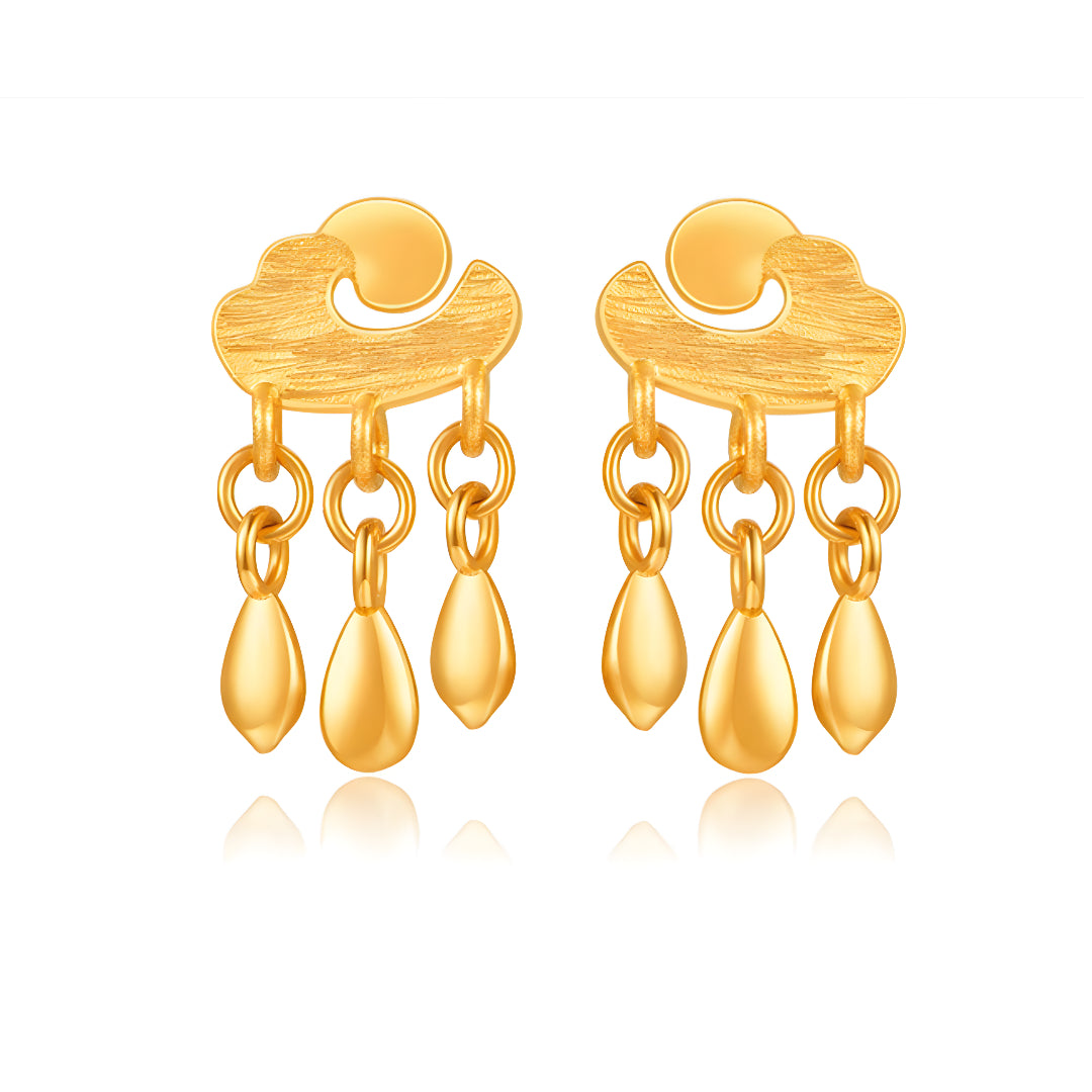 24K Real Gold Clouds and Raindrops Stud Earrings