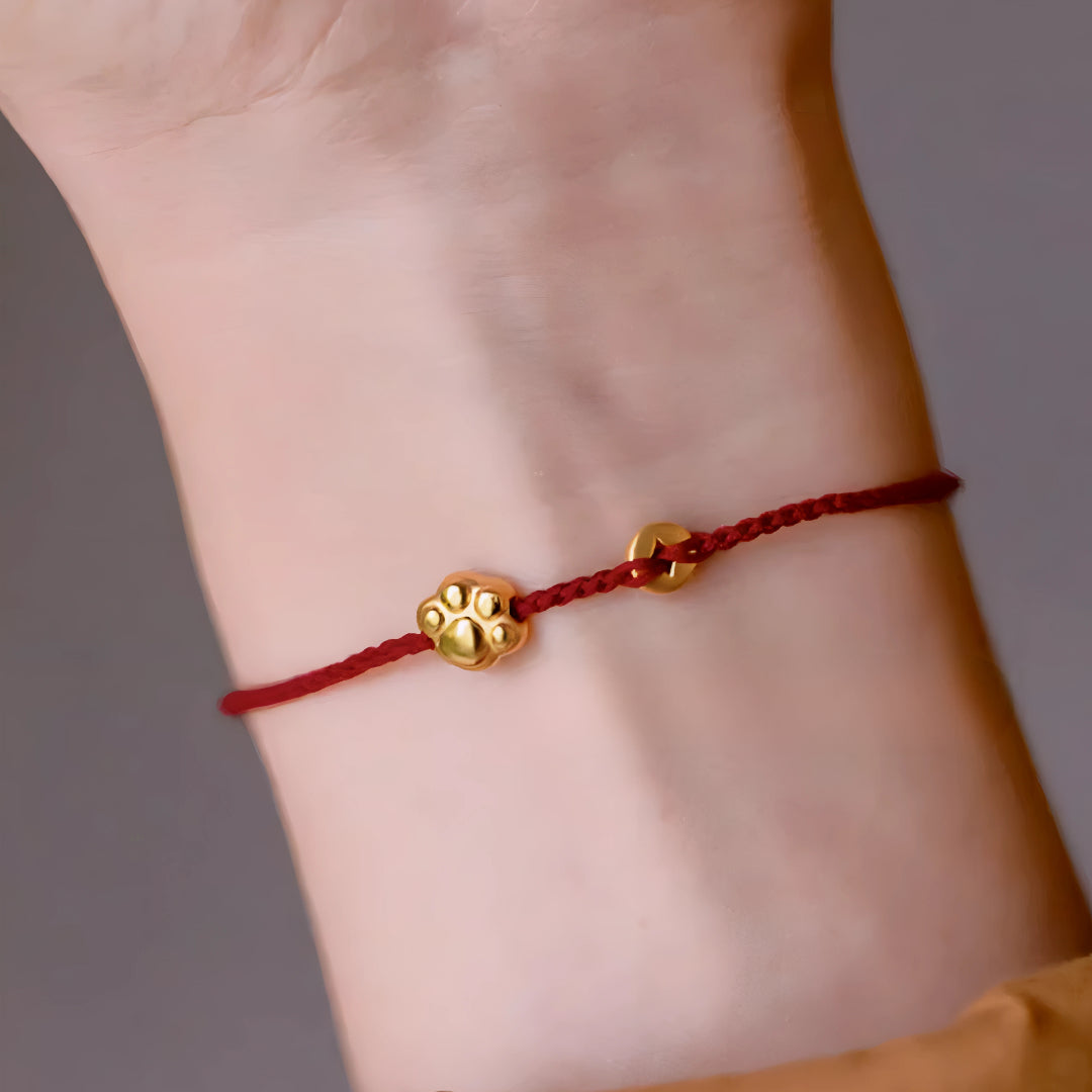 24k Pure 999 Gold Lucky Cute Cat's Paw and Beads with Red Rope Bracelet