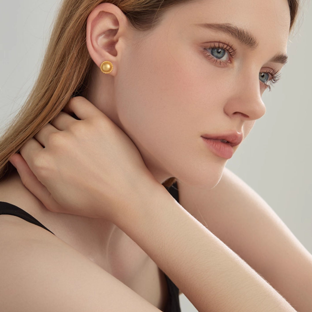 18K Gold Earrings Retro Vintage Round Style Rococo Stud Earrings