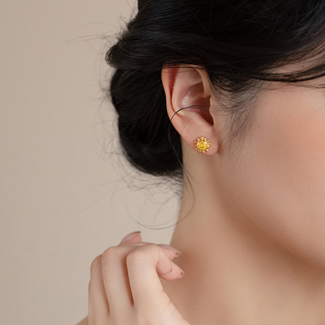 24K Real Gold Cute Playful Sun and Rainbow 5D Hard Gold Enamel Asymmetrical Stud Earrings - Gypsophila Co.