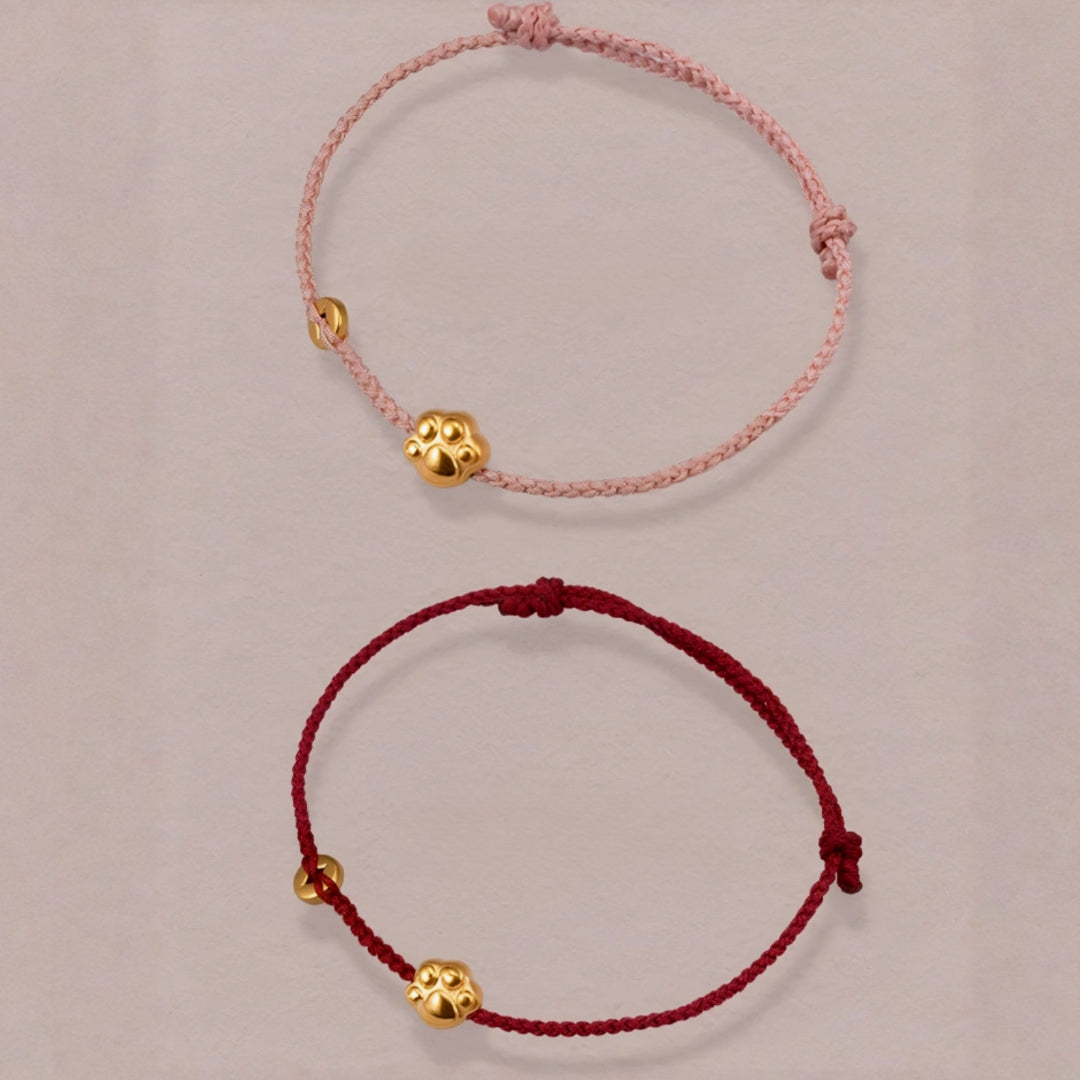 24k Pure 999 Gold Lucky Cute Cat's Paw and Beads with Red Rope Bracelet