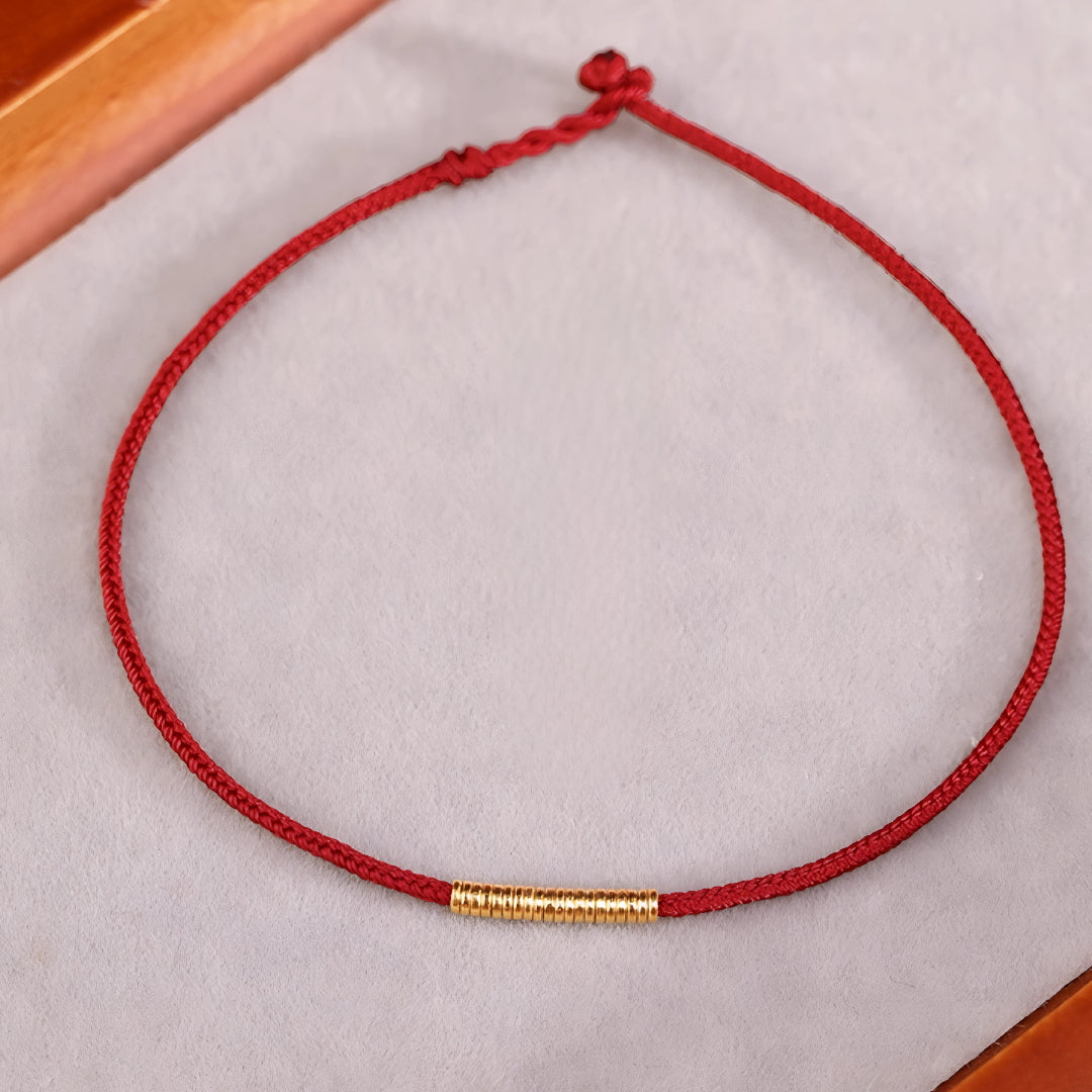 24k Solid 999 Gold Blessing Hoop Beads with Thin Red String Braided Rope Bracelet Minimal Minimalist Style