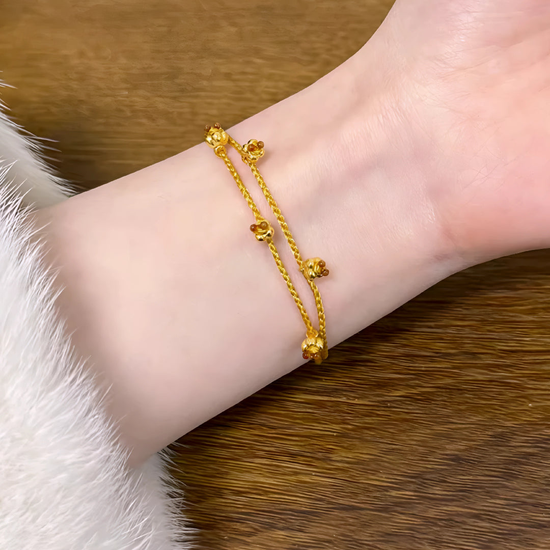 24k Pure 999 Gold Osmanthus fragrans Small Flower Charm with Red Rope Bracelet