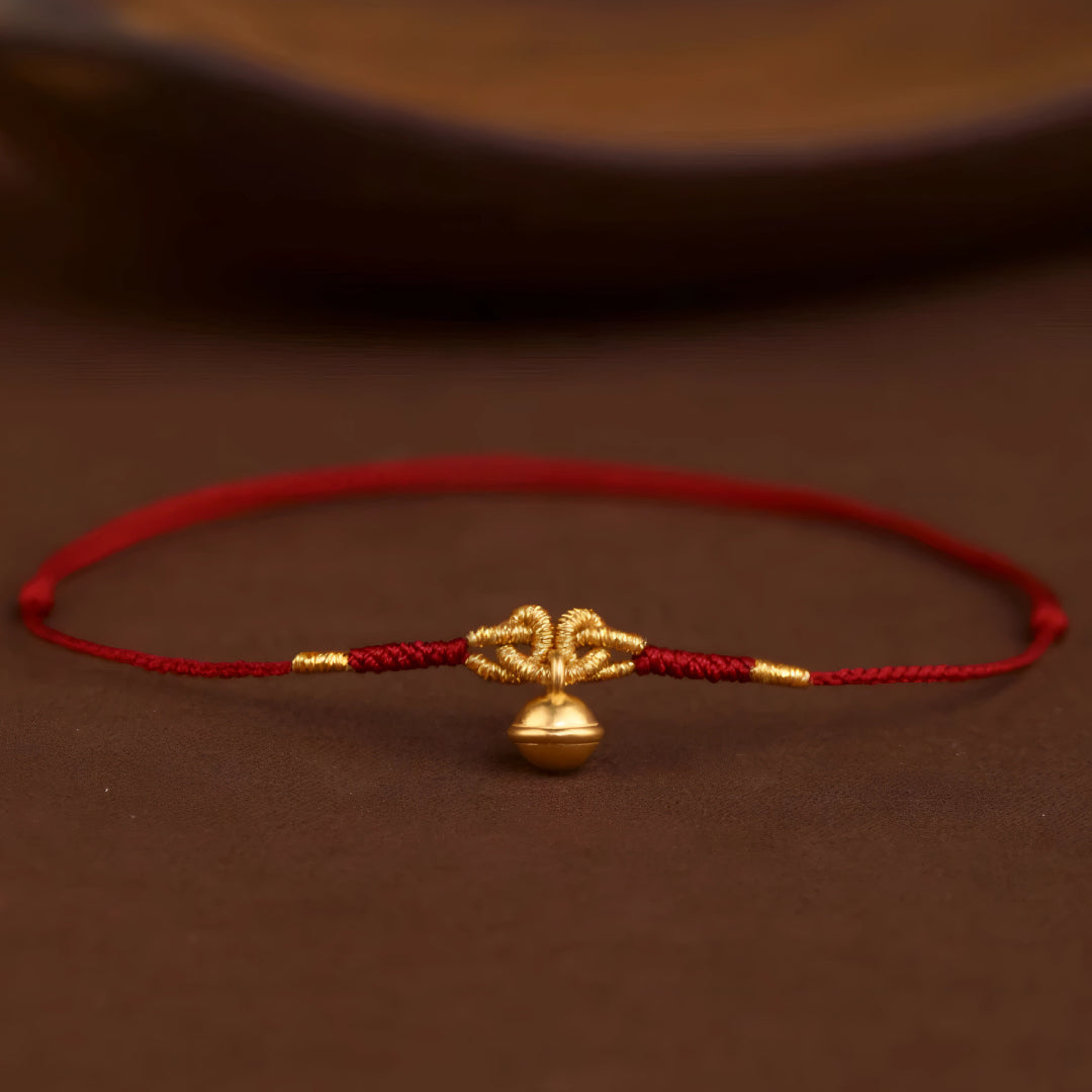24k Solid 999 Gold Bell Charm Fine Woven Ultra-thin 3D Hard Gold Red Rope Braided Bracelet and Anklet