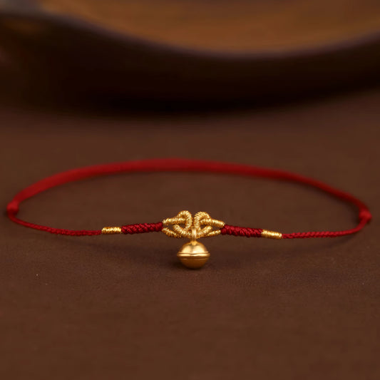 24k Solid 999 Gold Bell Charm Fine Woven Ultra-thin 3D Hard Gold Red Rope Braided Bracelet and Anklet