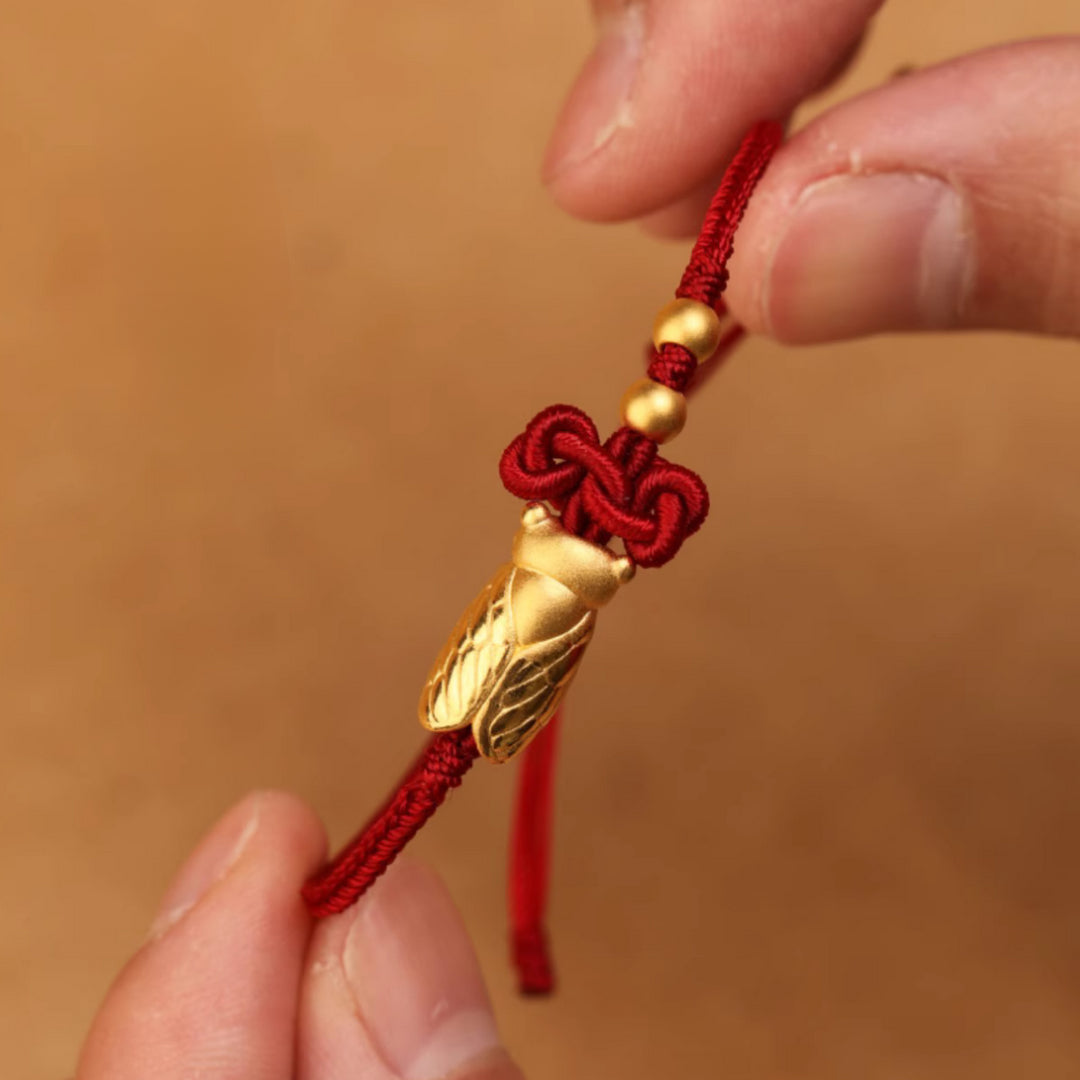 24k Solid 999 Gold Cicada Pendant with Red String Braided Rope Bracelet for Good Luck