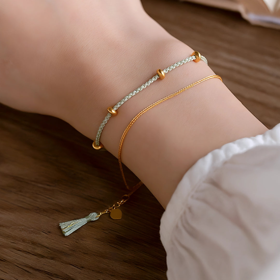 24k Pure 999 Gold Braided red Rope Gold Chain Double Dual Layer Bracelet