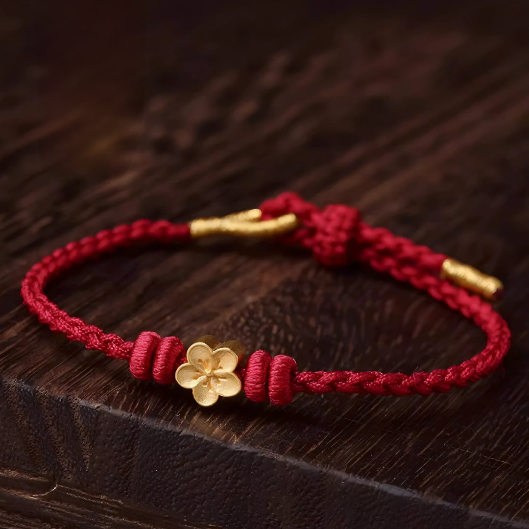 24k Solid 999 Gold Cherry Blossom Flower Red Rope Braided Bracelet