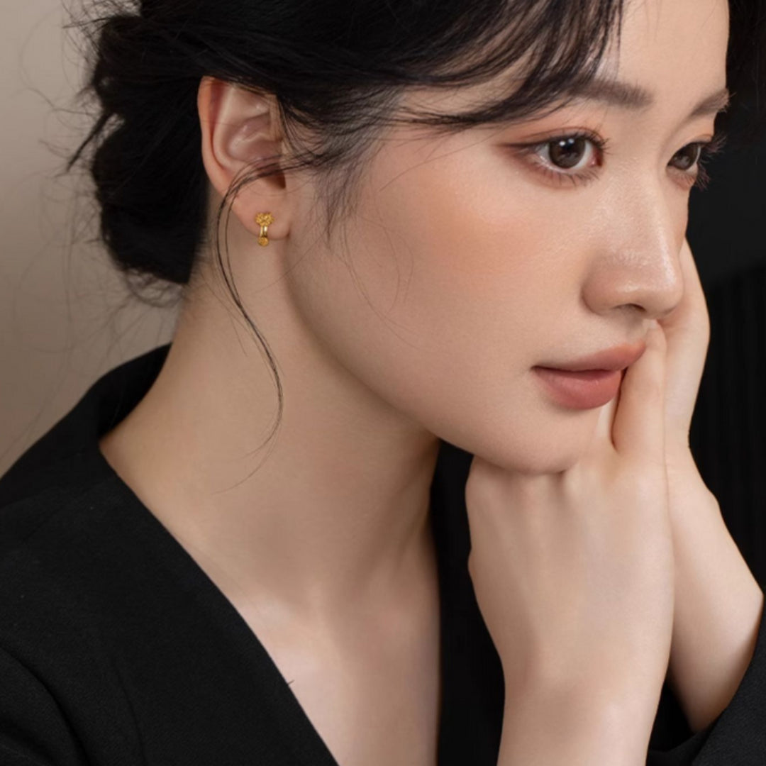 24K Real Gold 5G Gold Ruyi Blessing Good Luck Stud Earrings