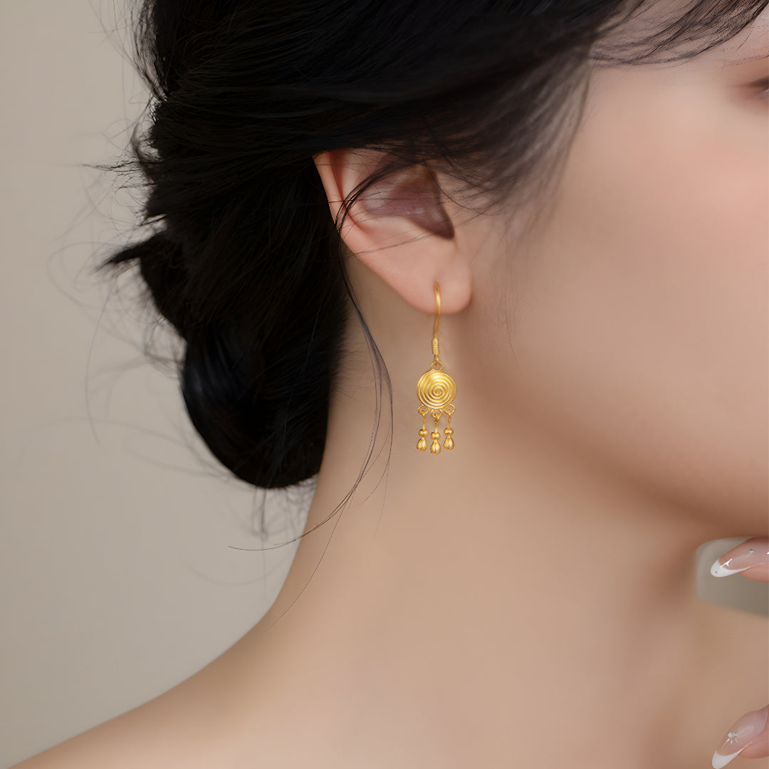 24K Pure Gold Ethnic Style Tassel Swirl Pattern Hoop Earrings - Gypsophila Co.