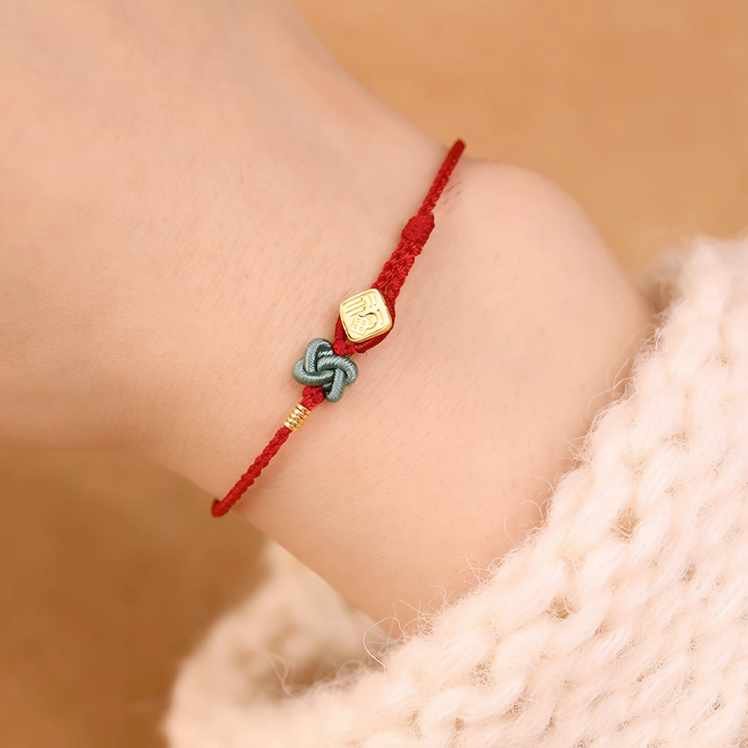 24k Solid 999 Gold Chinese Word Fu Blessing Pendant with Red String Braided Rope Bracelet for Good Luck