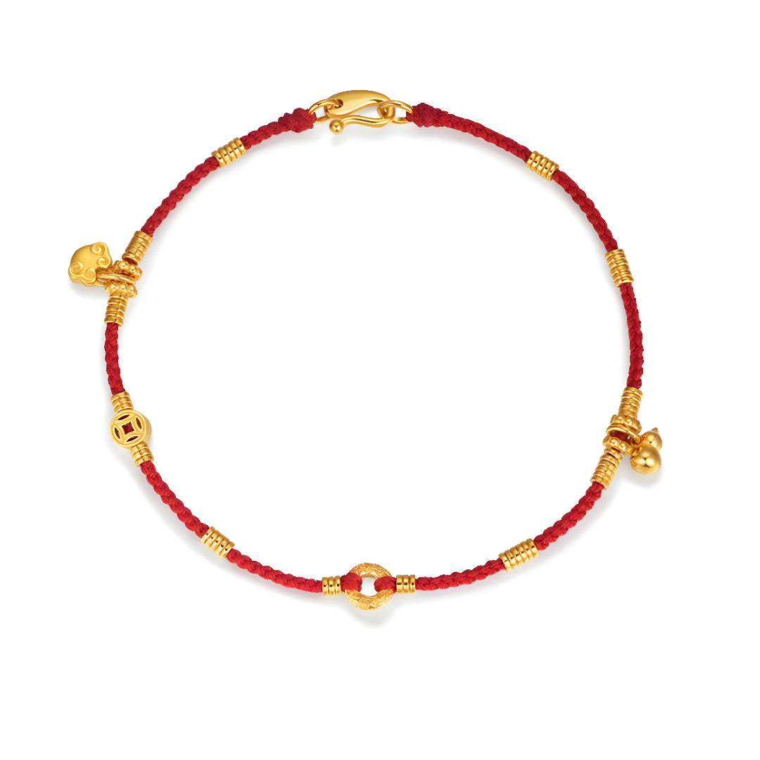 24K Real Gold beads Charms Gourd Bell Lucky Red Rope string Braided bracelet