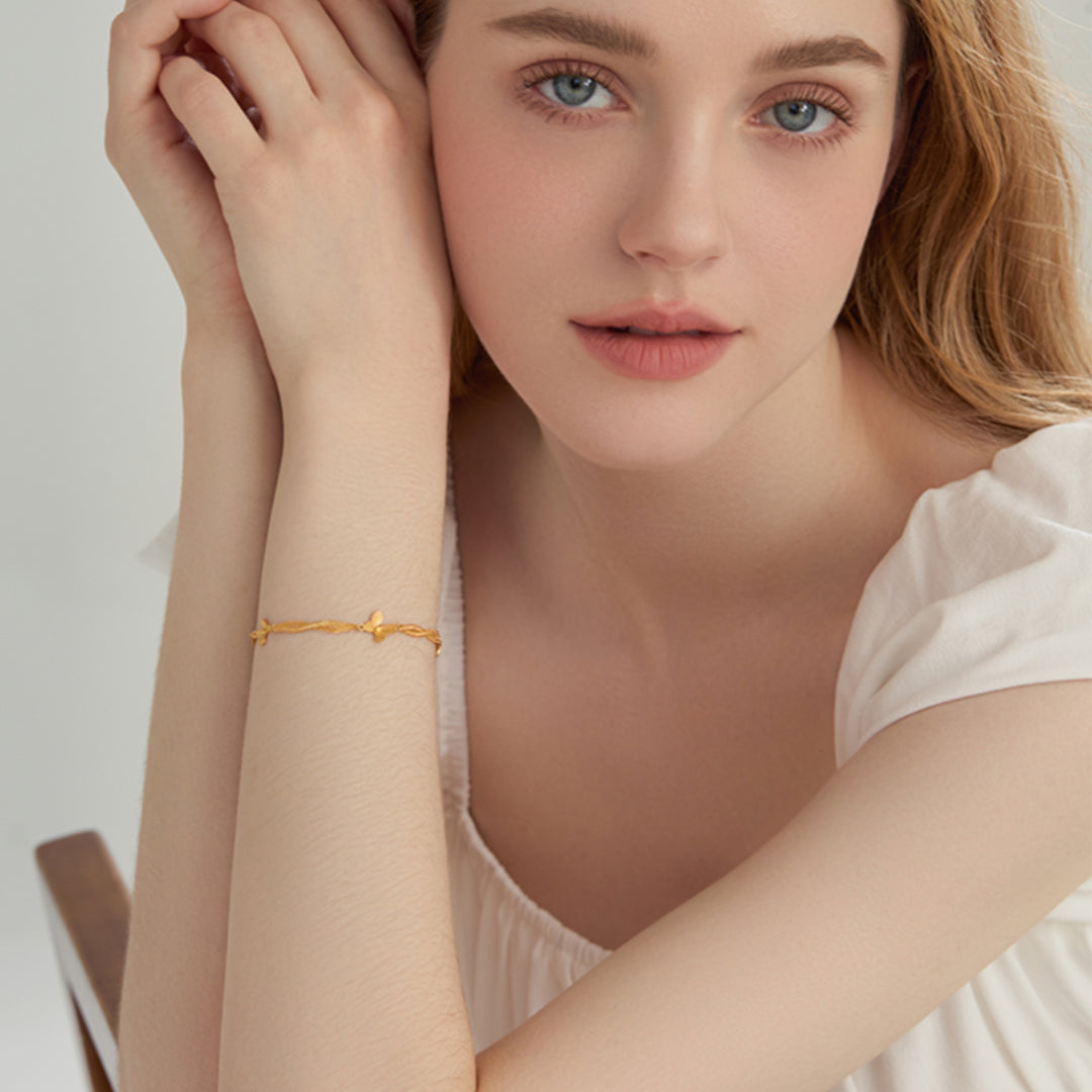 18K Real Gold Double Chain and Link Butterfly Charm Bracelet