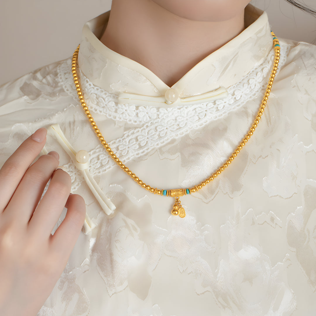 24K Real Gold Beads Bracelet Necklace multi-use Gourd Charm Bring Wealth Bracelet