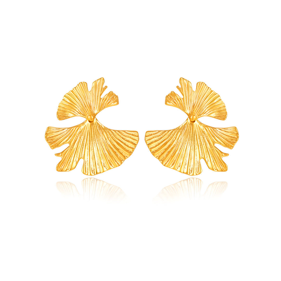 24K Pure Gold Ginkgo Biloba Leaf Earrings
