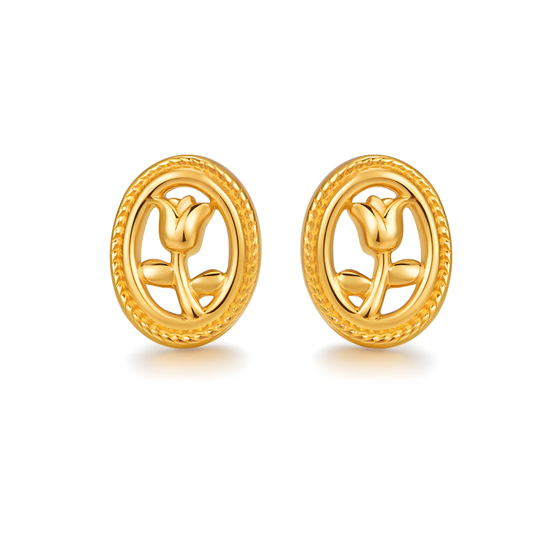 24K Real Gold 5G Pure gold Tulip Flower Oval Retro Stud Earrings