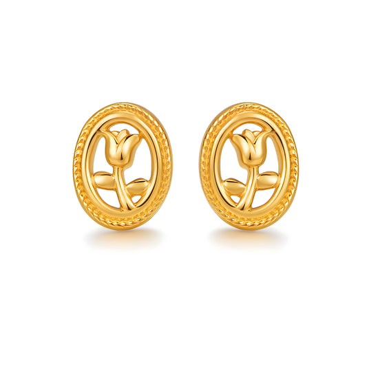 24K Real Gold 5G Pure gold Tulip Flower Oval Retro Stud Earrings