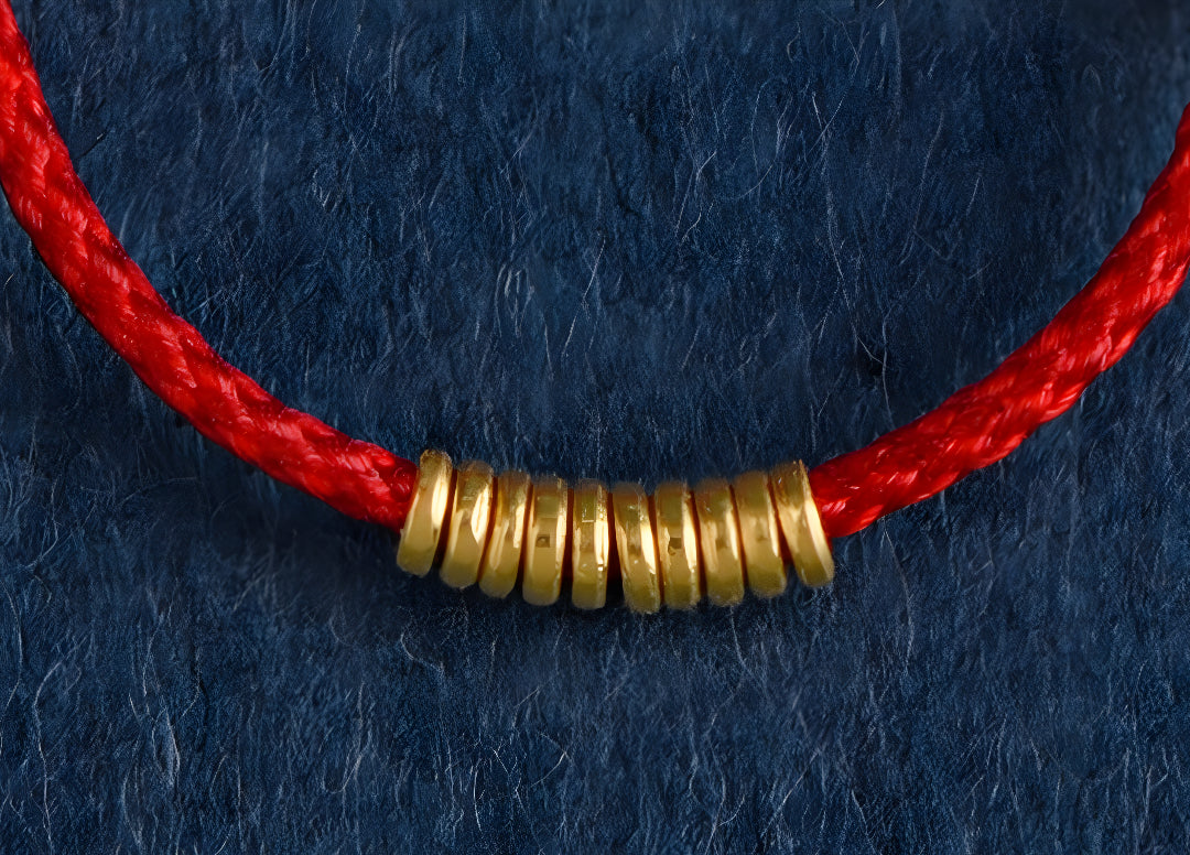 24k Solid 999 Gold Lucky Beads Red Rope Braided Adjustable Stacking Ring Minimal Style