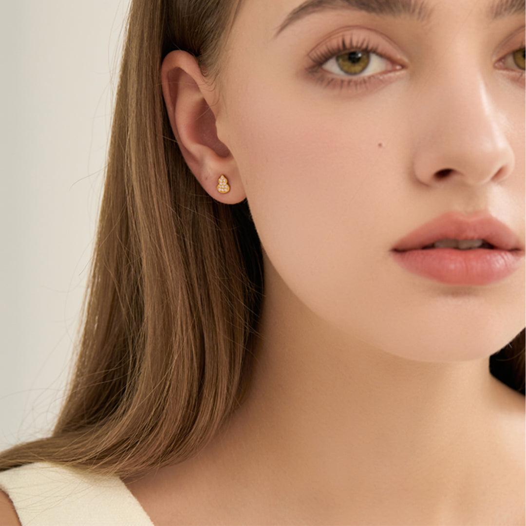 18k Real Gold Zircon shinning Gourd Stud Earrings