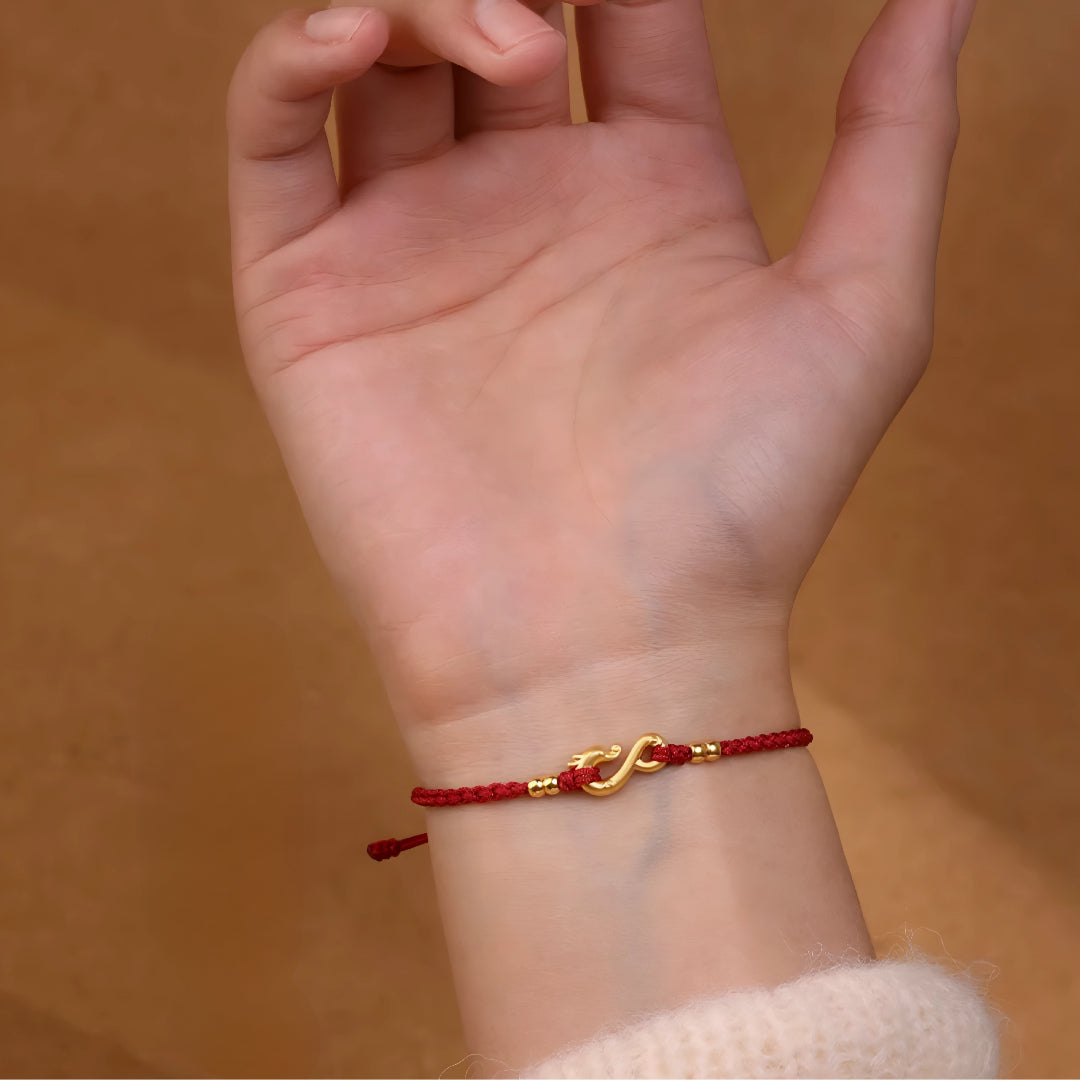 24k Solid 999 Gold Infinity Loop Dragon Pendant with Red String Braided Rope Bracelet and Anklet for Good Luck