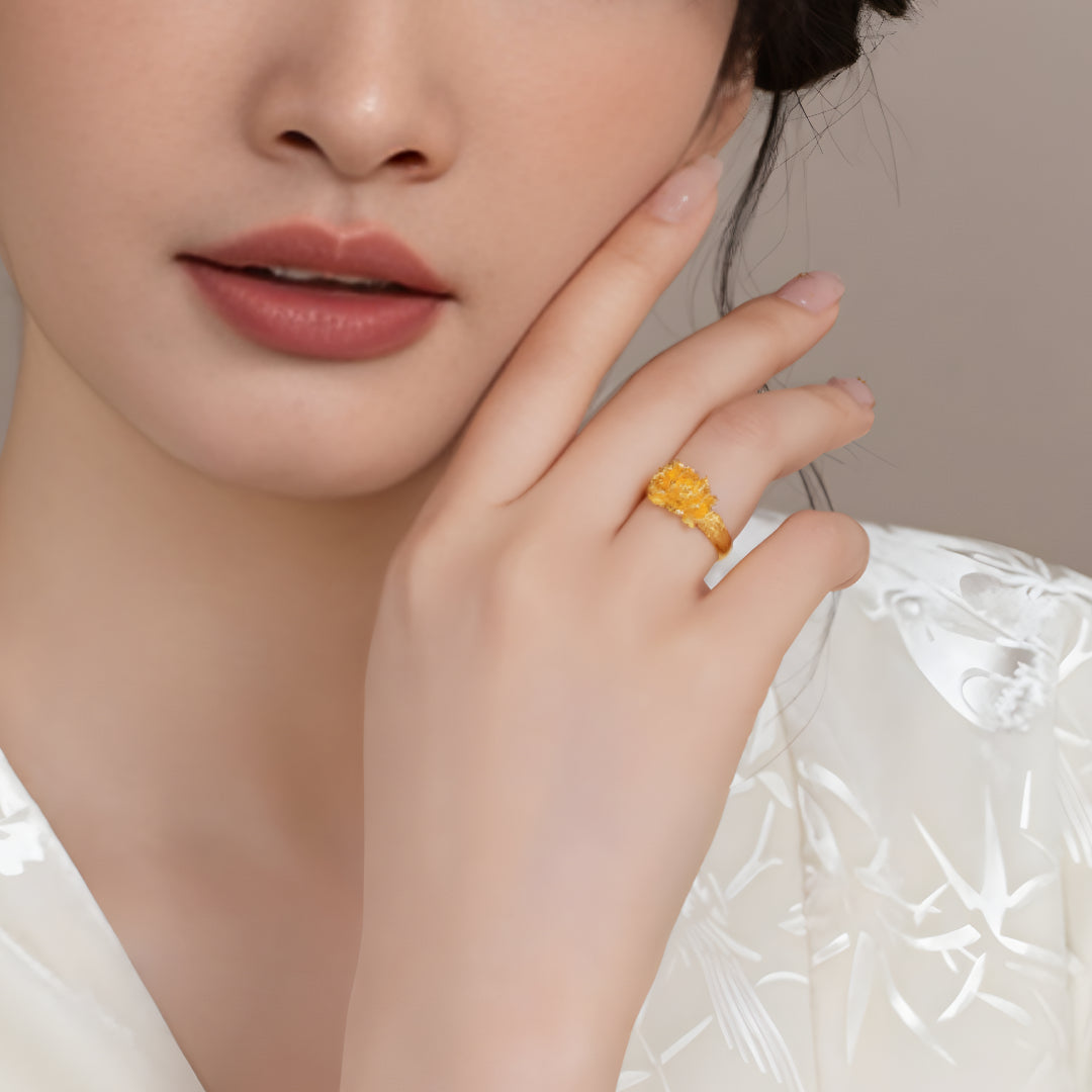 24K Real Gold Peony Flower Statement Stacking Ring