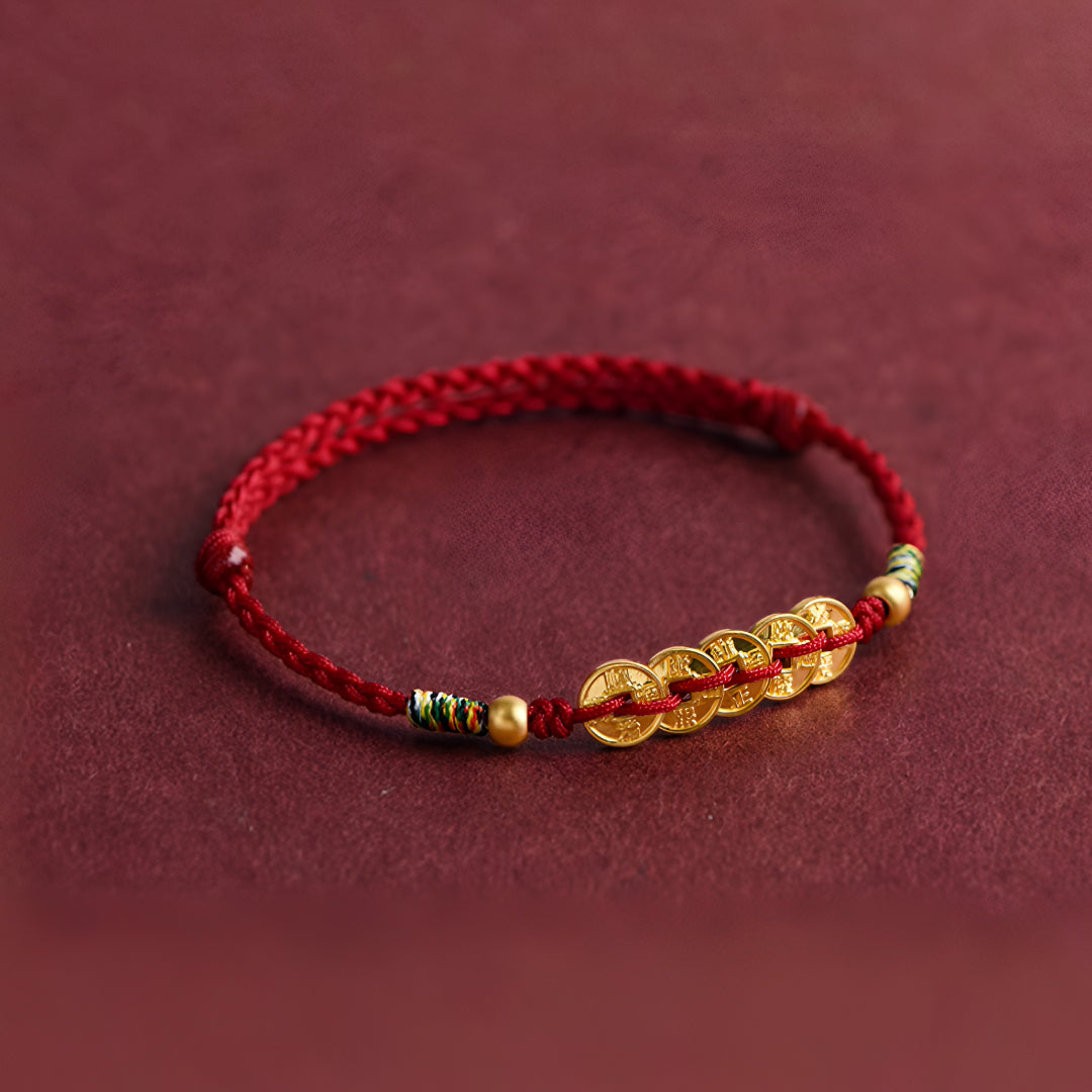 24k Solid 999 Gold Five Emperors Coins Red Rope Bracelet for Men and Women Blessing and Peace Braided Bracelet