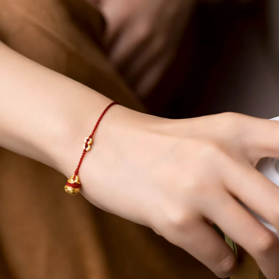 24k Pure 999 Gold Lucky Bag with Coin Red Rope Bracelet