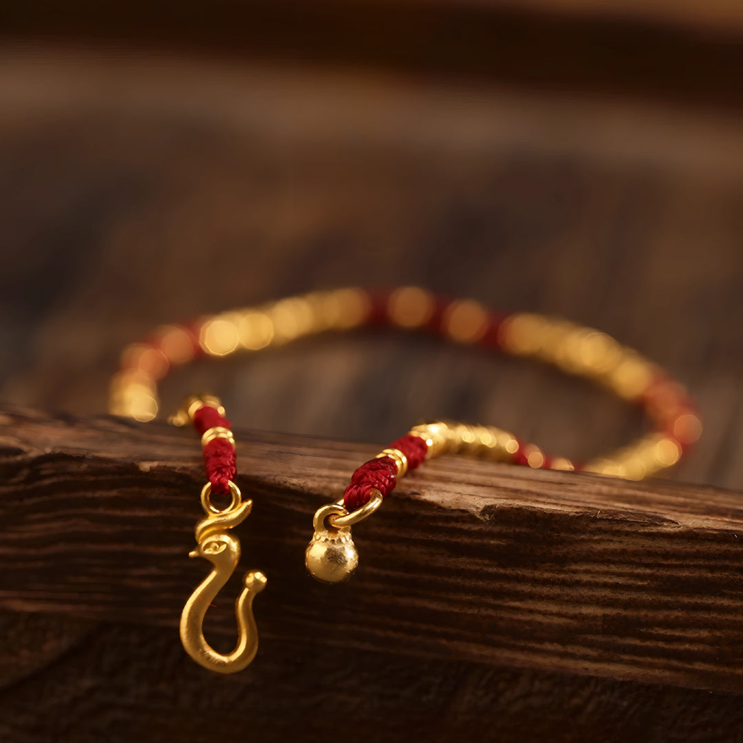24k Solid 999 Gold Chinese Beads Red Braided Rope Bracelet for Men and Women Blessing and Luck