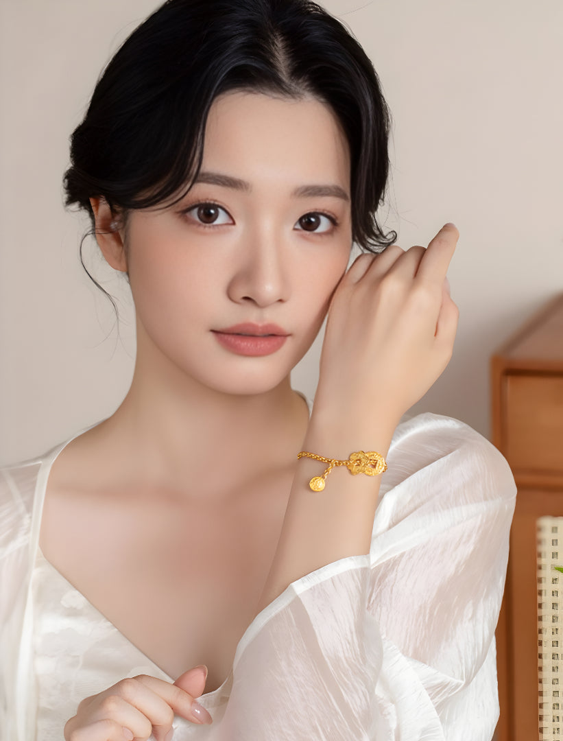 24K Pure Gold Handmade Chain and Link Bracelet with Peony Flower Charm - Gypsophila Co.